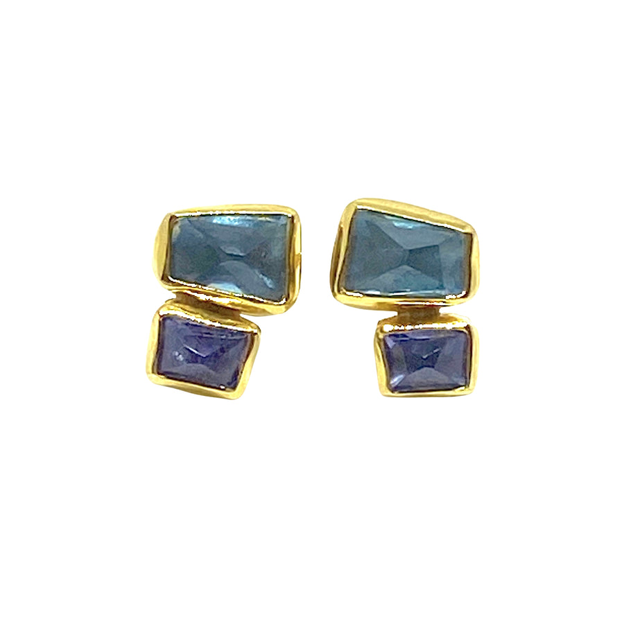 Aquamarine and Tanzanite Gold and Silver Stud Earrings