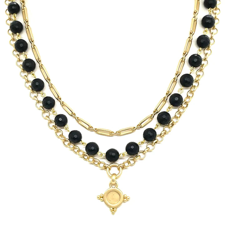 Matte Black Onyx and Matte Gold Multi Chain Necklace
