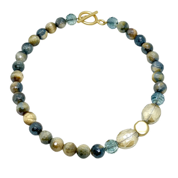 Blue Cream Tigers Eye With Champagne & Blue Crystal And Matte Gold Side Accents Necklace
