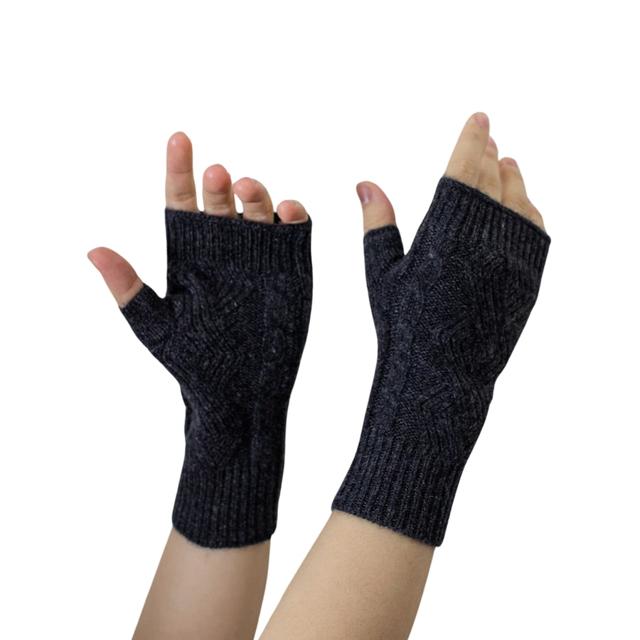 Cable Knit Cashmere Fingerless Wrist Warmer - Black