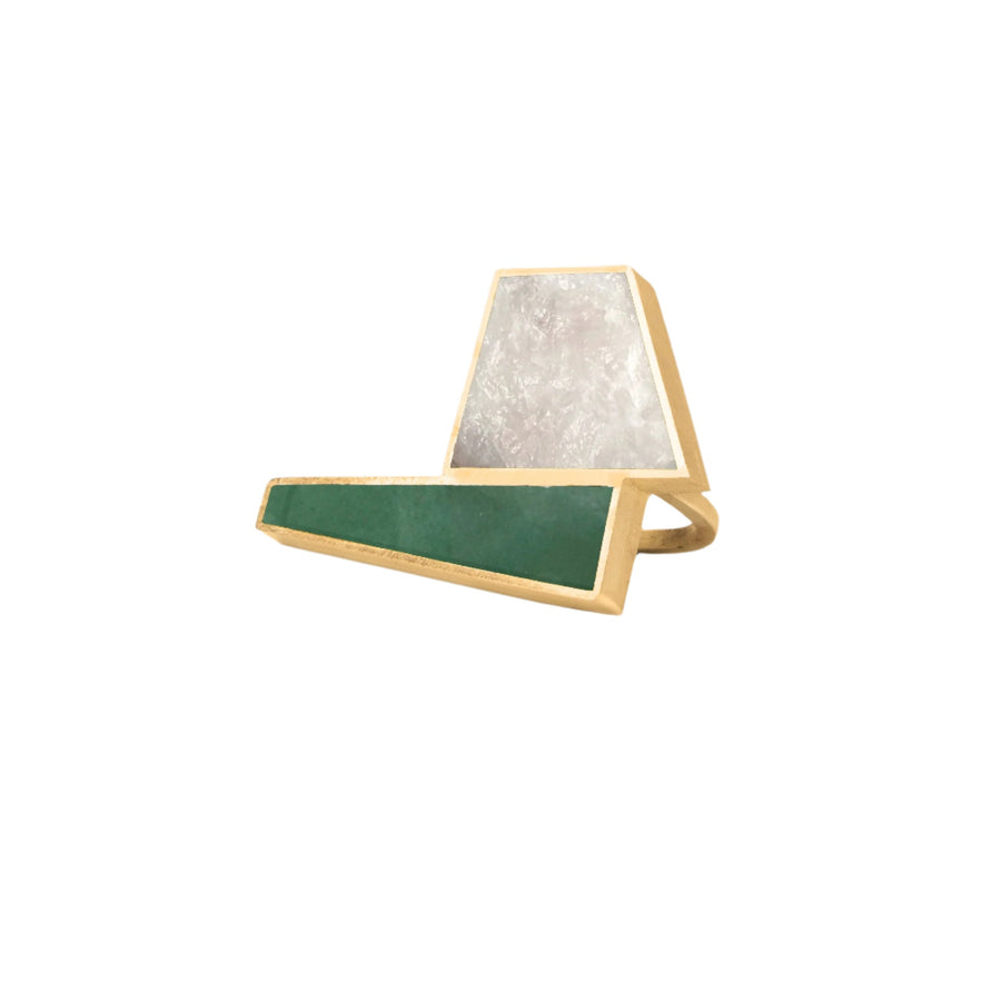 Trapecio Doble Gold Plated Ring in Rock Crystal & Green Aventurine - Size 7