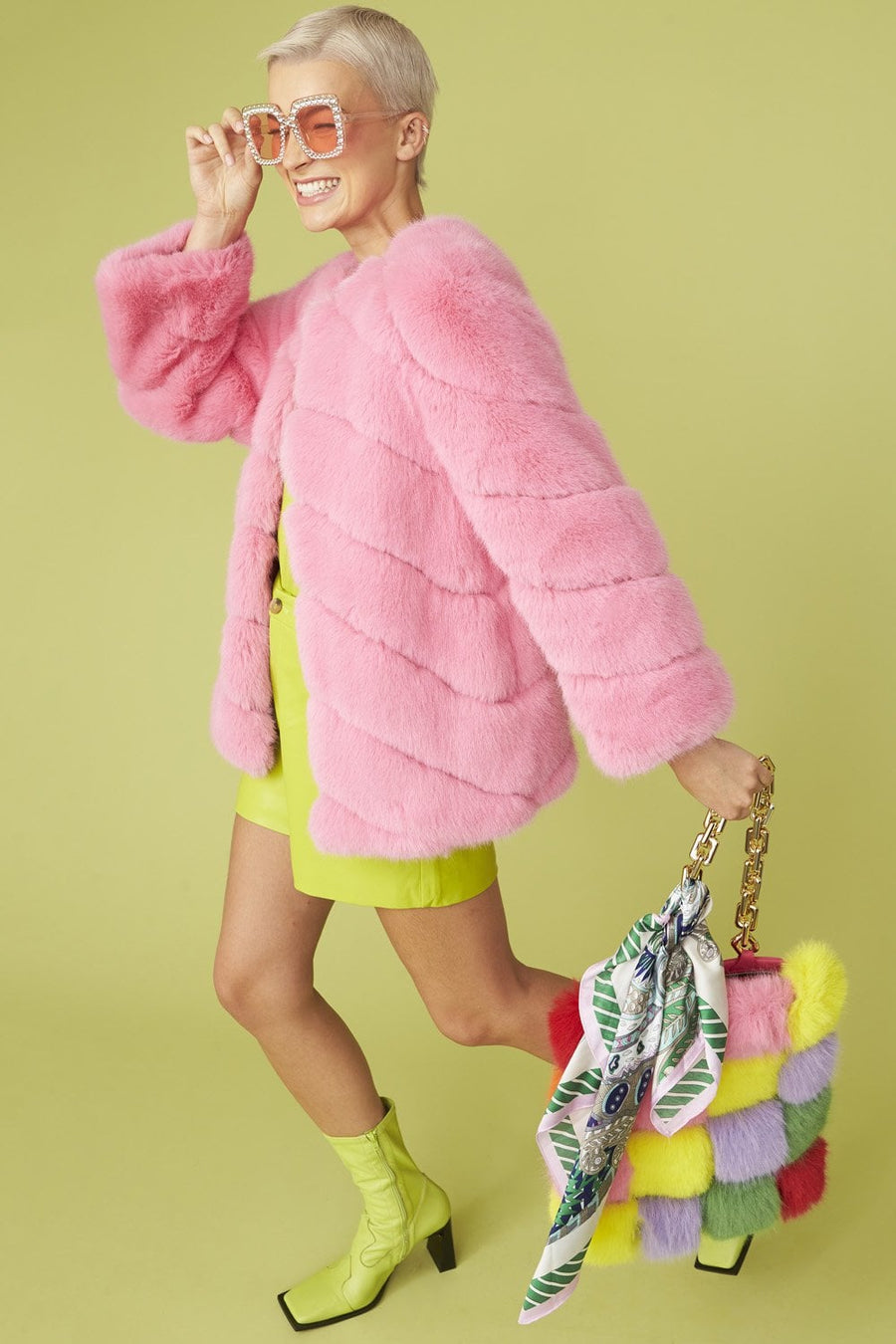 Pink Faux Fur Striped Gaga Coat - S/M