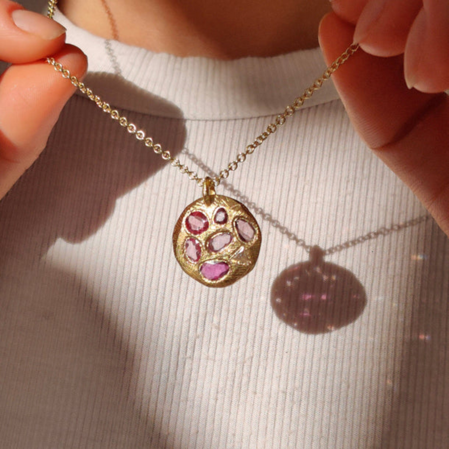 One-of-a-kind 18K gold Round Mosaic Tablet with Pink Sapphires Necklace