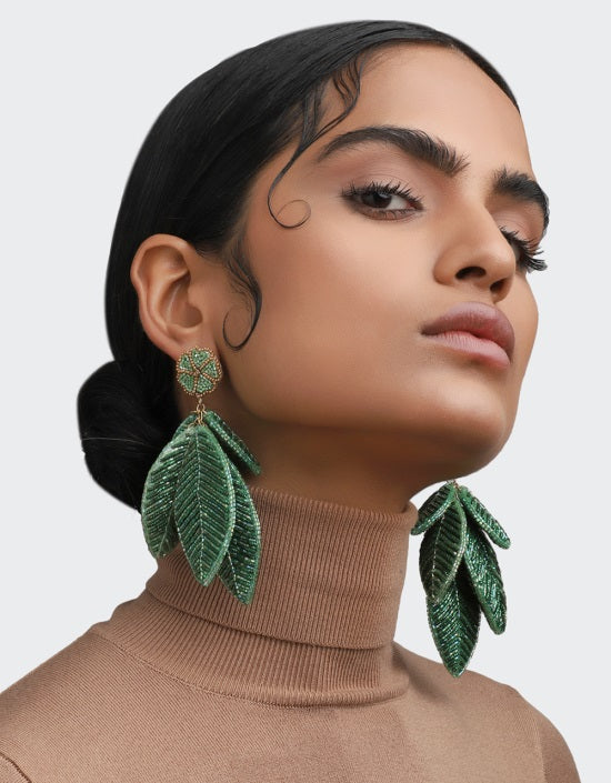 Hand Beaded Leaf Earrings- Bronze