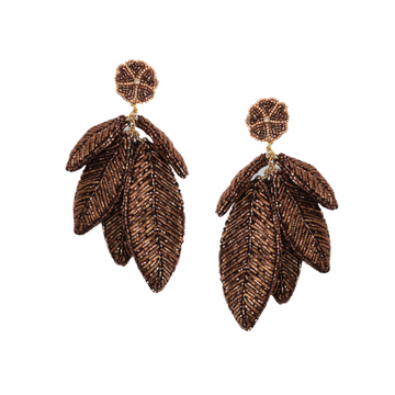 Hand Beaded Leaf Earrings- Bronze