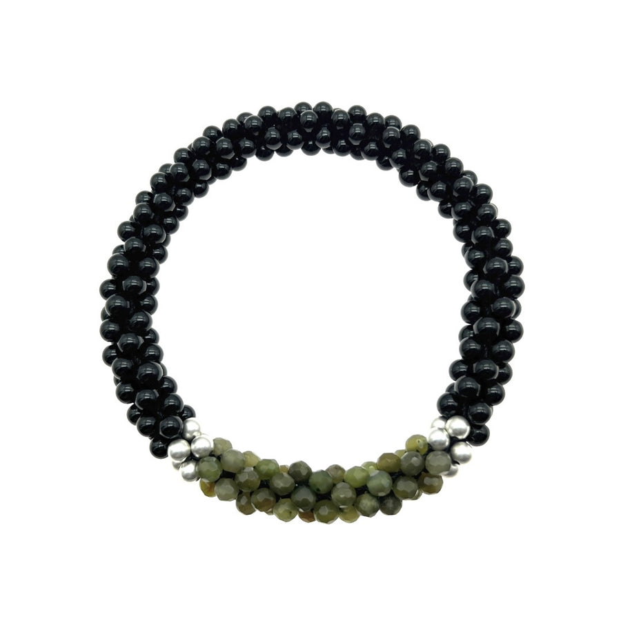 Beaded Gemstone Bracelet: Black Onyx, Green Jade & Silver