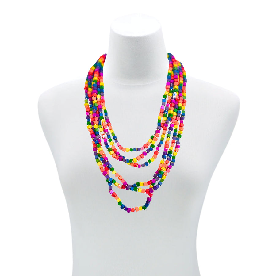 3 STRAND NEXT PASHMINA NECKLACE WOODEN BEADS - RAINBOW MOSAIC