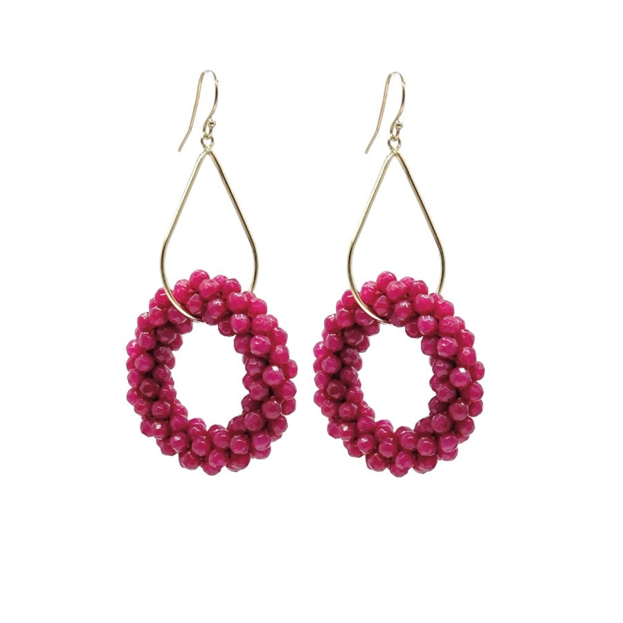 Beaded Gemstone Earrings: Gold Teardrops & Ruby Jade Rings