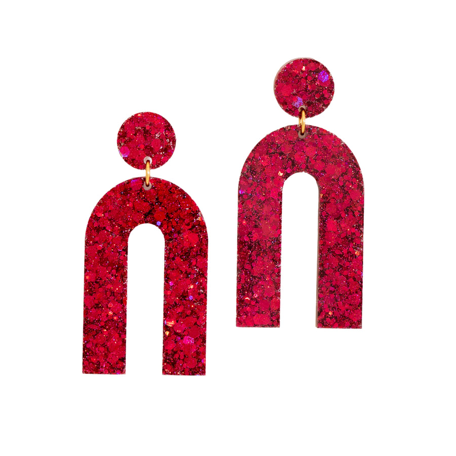 Large Arch Earrings- Pink Glitter