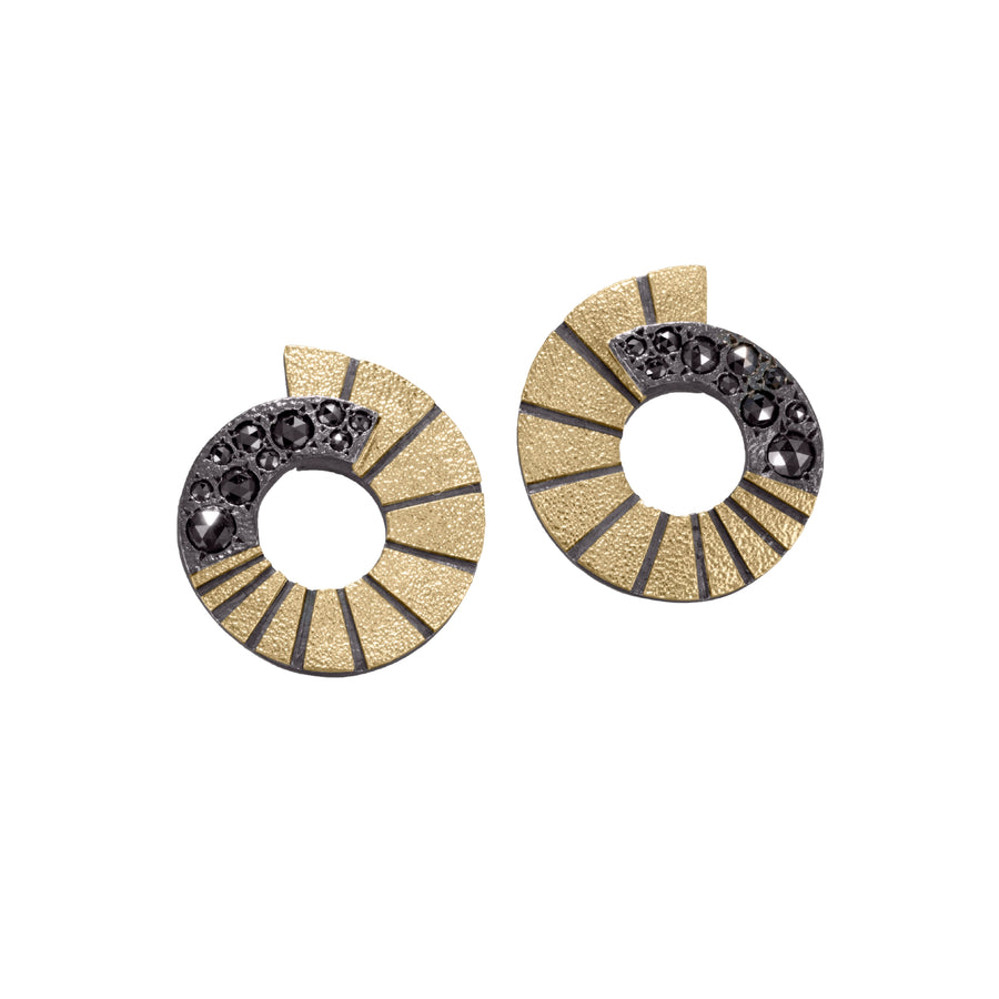 Stripe Gold Spiral with Black Diamonds Earrings