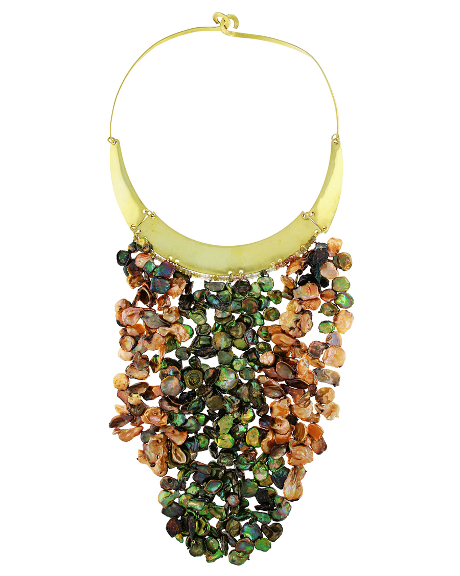Fall Leaves Bib Necklace - Gold and Keshi Pearls