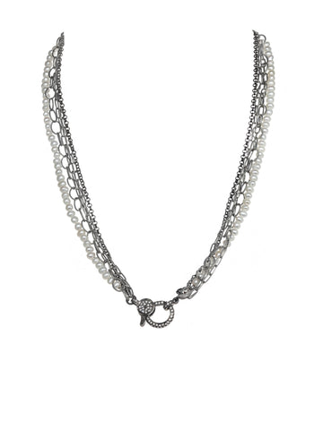 Combo Chain - Sterling Silver, Rhodium, Pearl and Diamond Studded Clasp