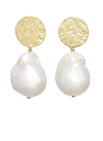 White Baroque Pearl Drop Hammered Top Post Earring