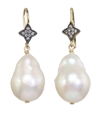 White Baroque Pearl With White Sapphires Star Earrings
