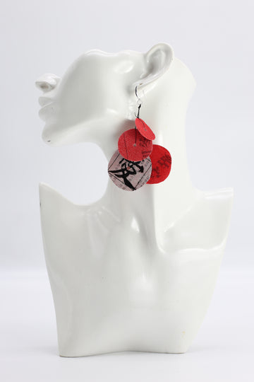 Recycled Newspaper Love in Chinese On Fishing Wire Earrings - Red/White