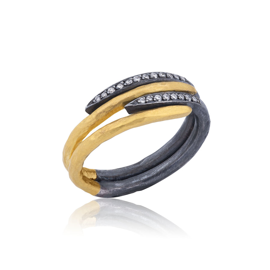 Zebra Ring 4 Layers- 24K Yellow Gold & Diamonds in Oxidized Sterling Silver