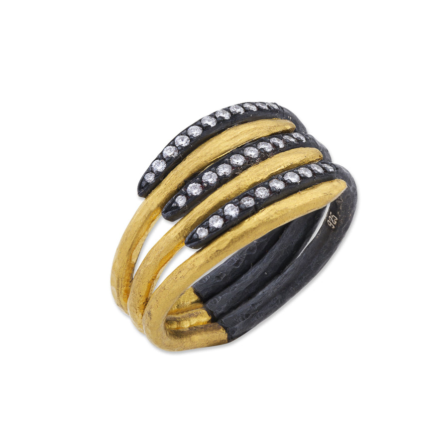 Zebra Ring in 6 Layers - 24K Yellow Gold & Diamonds in Oxidized Sterling Silver